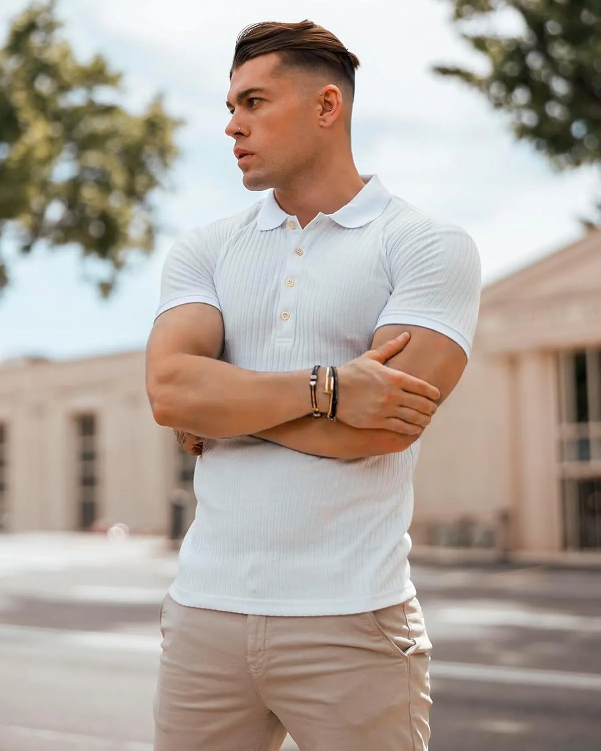 Muscle Polo Shirts for Men Short Sleeve Slim Fit Golf Shirts for Men Casual Dry Fit T Shirts Ribbed Knit Bowling Shirts