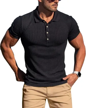 Muscle Polo Shirts for Men Short Sleeve Slim Fit Golf Shirts for Men Casual Dry Fit T Shirts Ribbed Knit Bowling Shirts