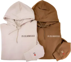 Noni Custom Embroidered Roman Numeral Hoodies, Matching Hoodies for Couples, Personalized Hoodies for Boyfriend Girlfriend With Initial Heart, Gifts for Couples Women Men