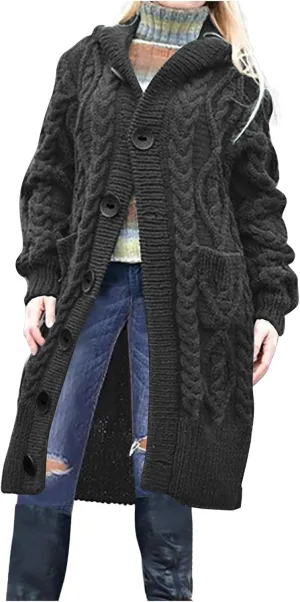 Oversized Hooded Cardigans for Women Cable Knit Sweaters Open Front Button Down Long Cardigans with Pockets