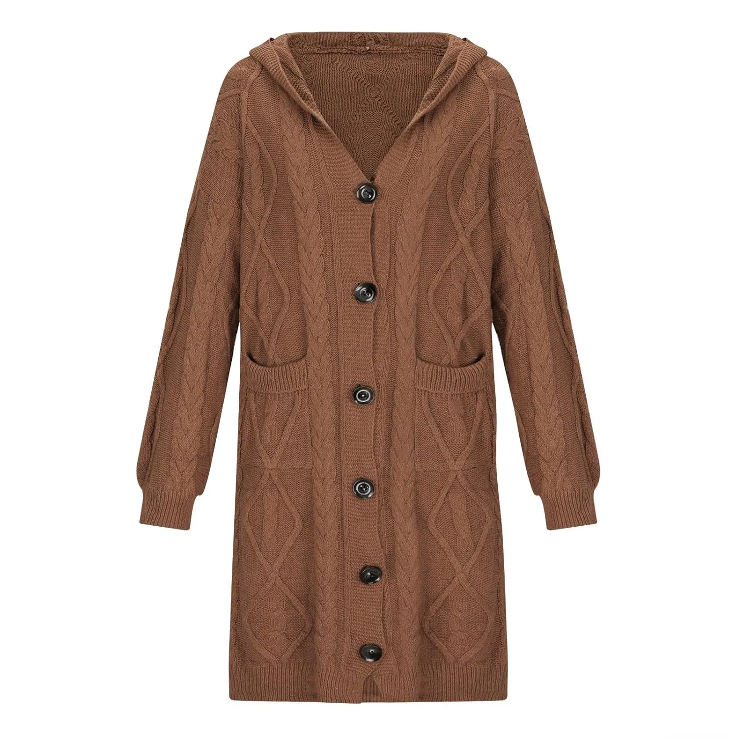 Oversized Hooded Cardigans for Women Cable Knit Sweaters Open Front Button Down Long Cardigans with Pockets