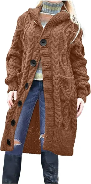 Oversized Hooded Cardigans for Women Cable Knit Sweaters Open Front Button Down Long Cardigans with Pockets