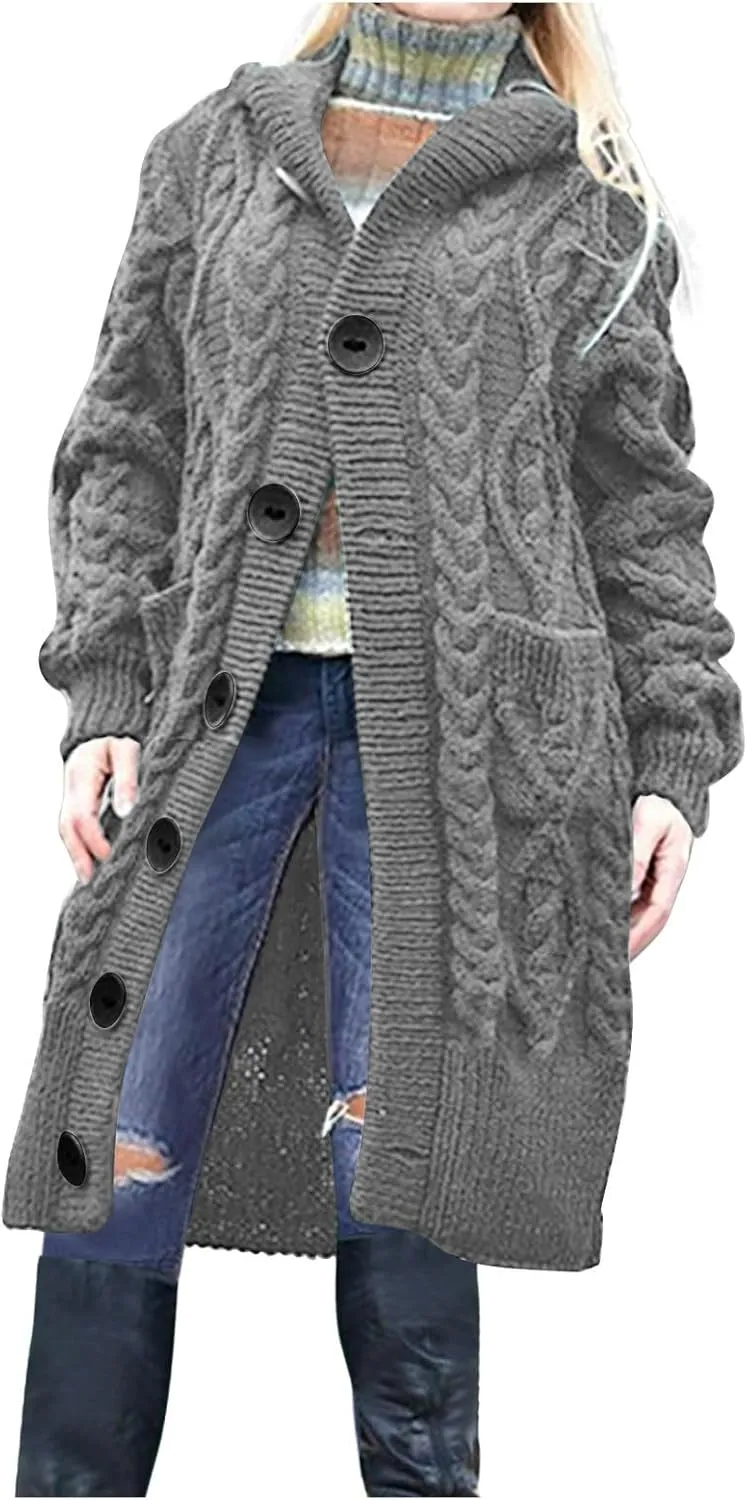Oversized Hooded Cardigans for Women Cable Knit Sweaters Open Front Button Down Long Cardigans with Pockets