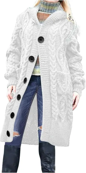 Oversized Hooded Cardigans for Women Cable Knit Sweaters Open Front Button Down Long Cardigans with Pockets
