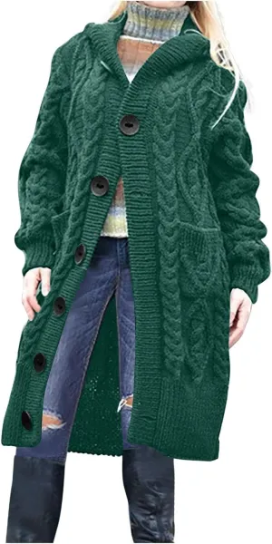 Oversized Hooded Cardigans for Women Cable Knit Sweaters Open Front Button Down Long Cardigans with Pockets