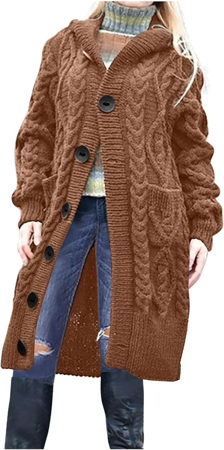 Oversized Hooded Cardigans for Women Cable Knit Sweaters Open Front Button Down Long Cardigans with Pockets
