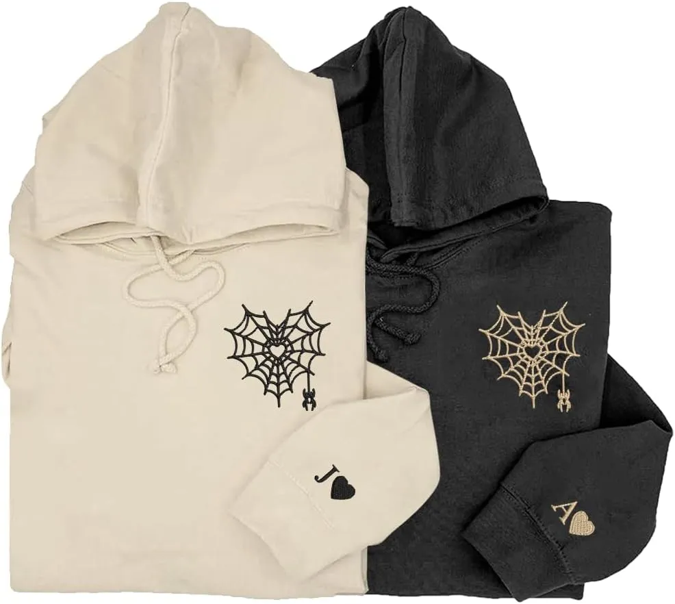 Personalized Couple Hoodies Spider Heart Embroidered, Custom Couples Hoodies With Initials On The Sleeve, Matching Hoodies For Couples, Valentines, Couples Matching Sweatshirts, Regular