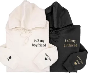Personalized I Love My Girlfriend Boyfriend Embroidered Hoodies, Custom Text On Sleeves Embroidered Hoodies, Roman Numeral Hoodies, Matching Couple Hoodies With Initial Heart, Couples Hoodies
