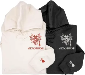 Personalized Roman Numerals Embroidered Hoodies, Custom Spider Heart with Initials Heart On Sleeve Hoodies, Matching Couple Hoodies, Valentines Christmas Day Gift for Boyfriend, Couple Gift