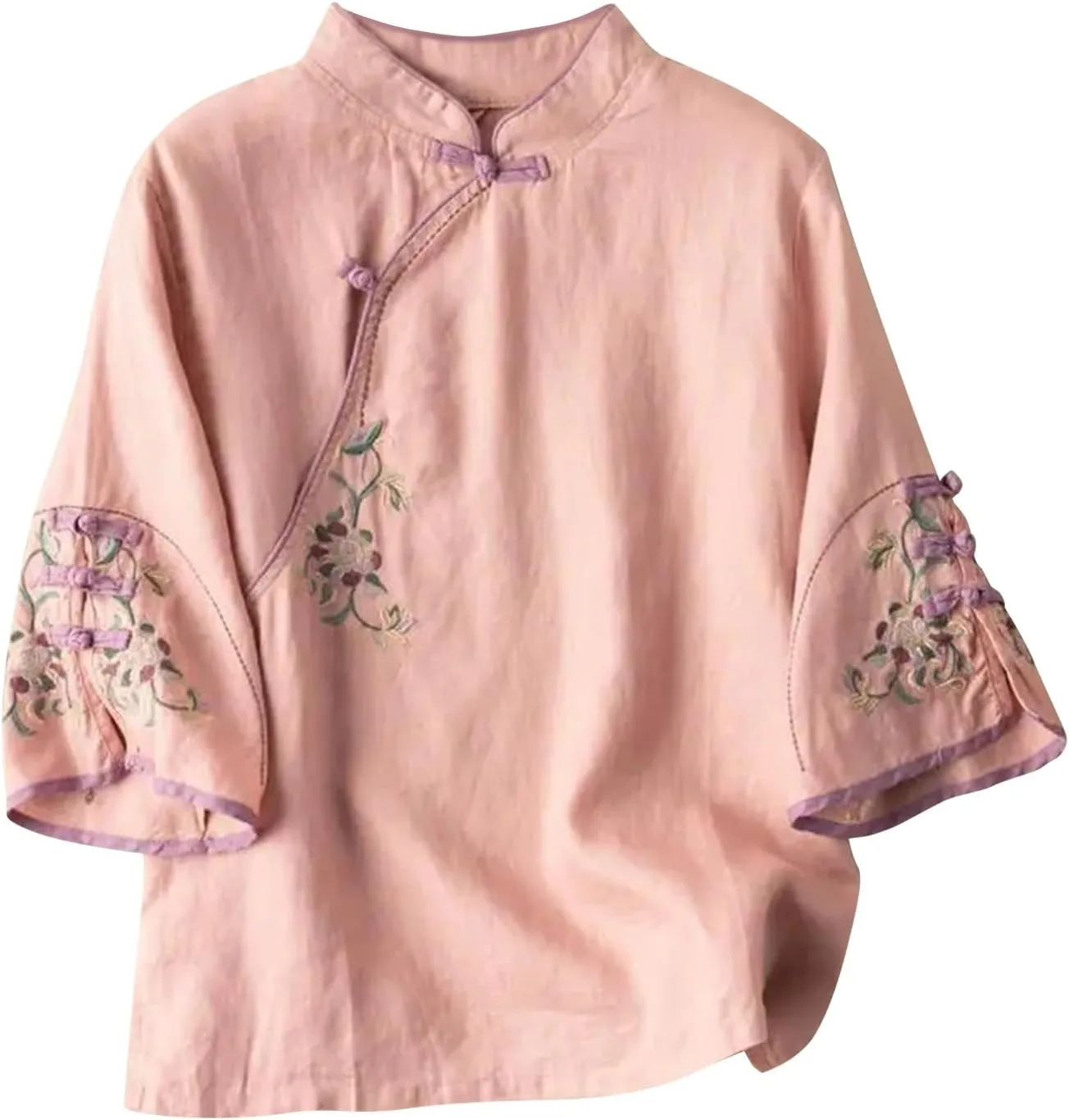 Plus Size Linen Tops Summer 3/4 Sleeve Chinese Frog Blouses Traditional Mandarin Embroidered Jacquard Shirts