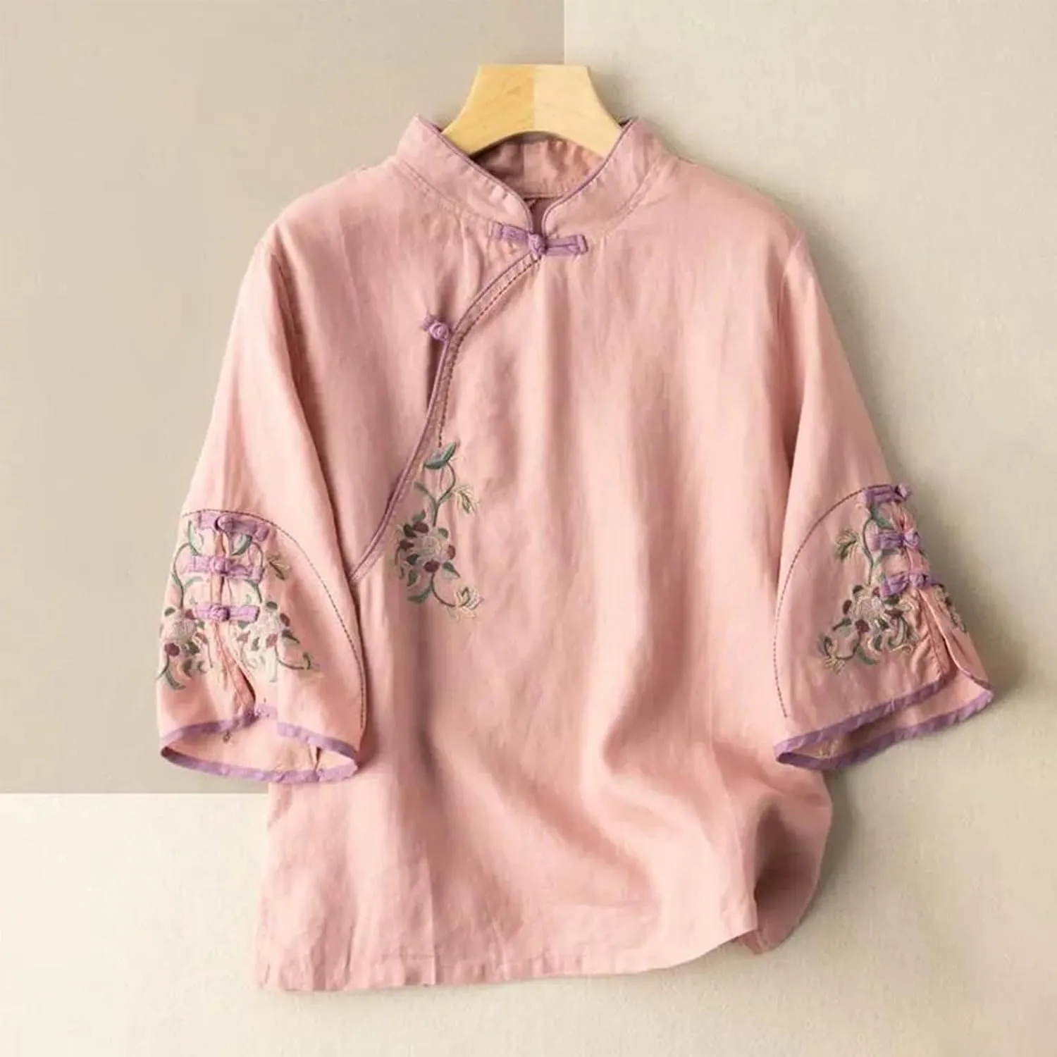 Plus Size Linen Tops Summer 3/4 Sleeve Chinese Frog Blouses Traditional Mandarin Embroidered Jacquard Shirts