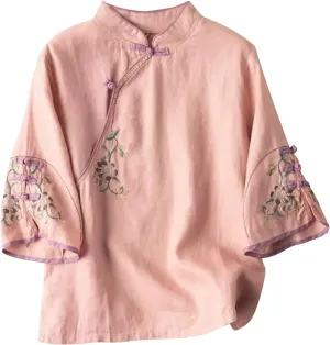 Plus Size Linen Tops Summer 3/4 Sleeve Chinese Frog Blouses Traditional Mandarin Embroidered Jacquard Shirts