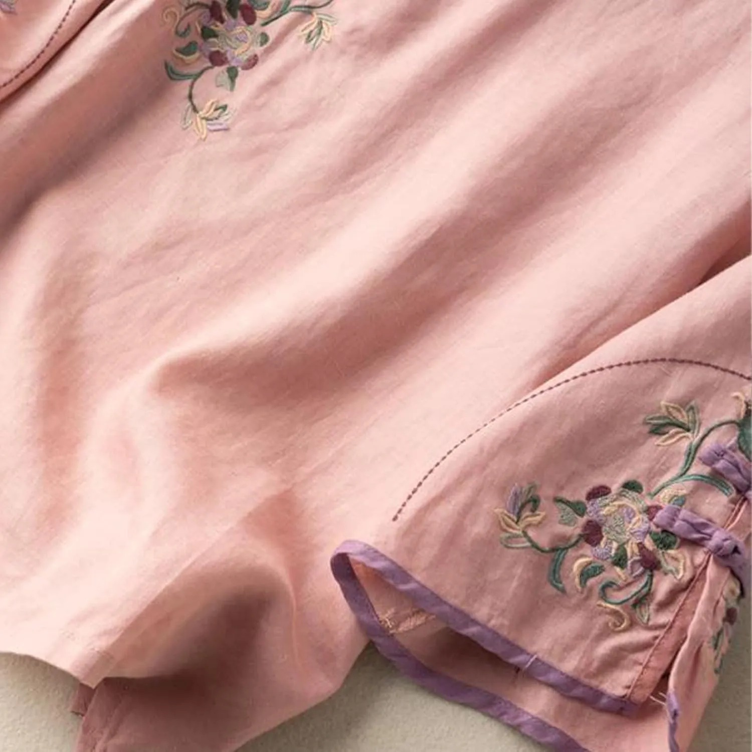 Plus Size Linen Tops Summer 3/4 Sleeve Chinese Frog Blouses Traditional Mandarin Embroidered Jacquard Shirts