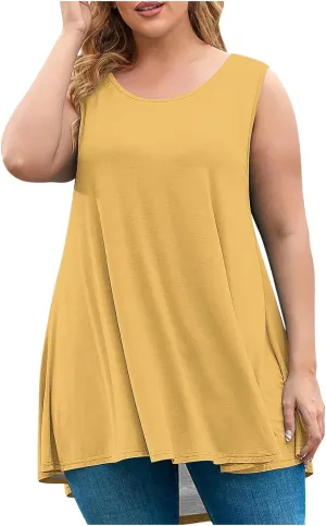 Plus Size Womens Tank Tops Round Neck Loose Fitting Sleeveless Tshirts Pleated Summer Flowy Maternity Tunic Top