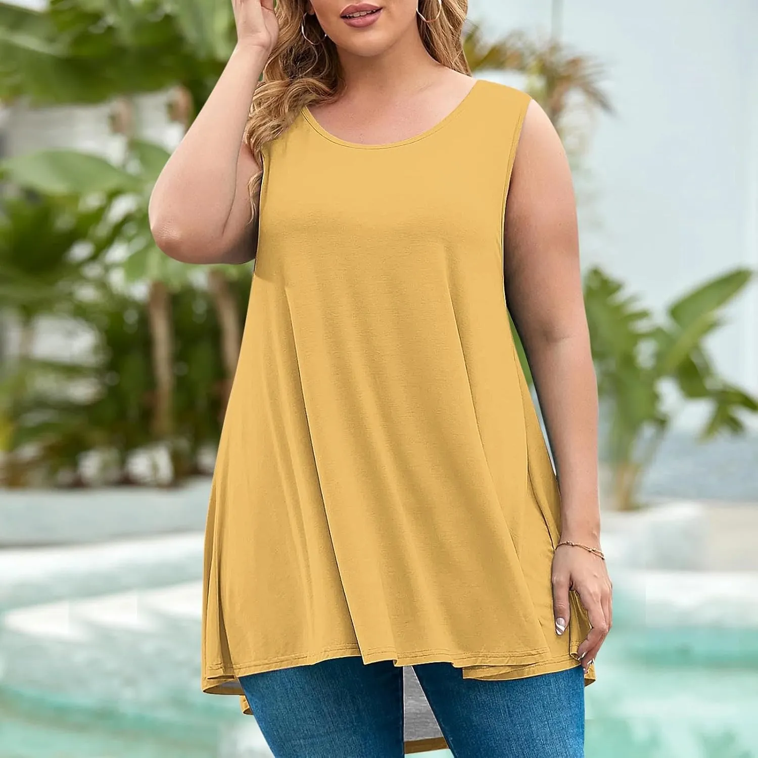 Plus Size Womens Tank Tops Round Neck Loose Fitting Sleeveless Tshirts Pleated Summer Flowy Maternity Tunic Top