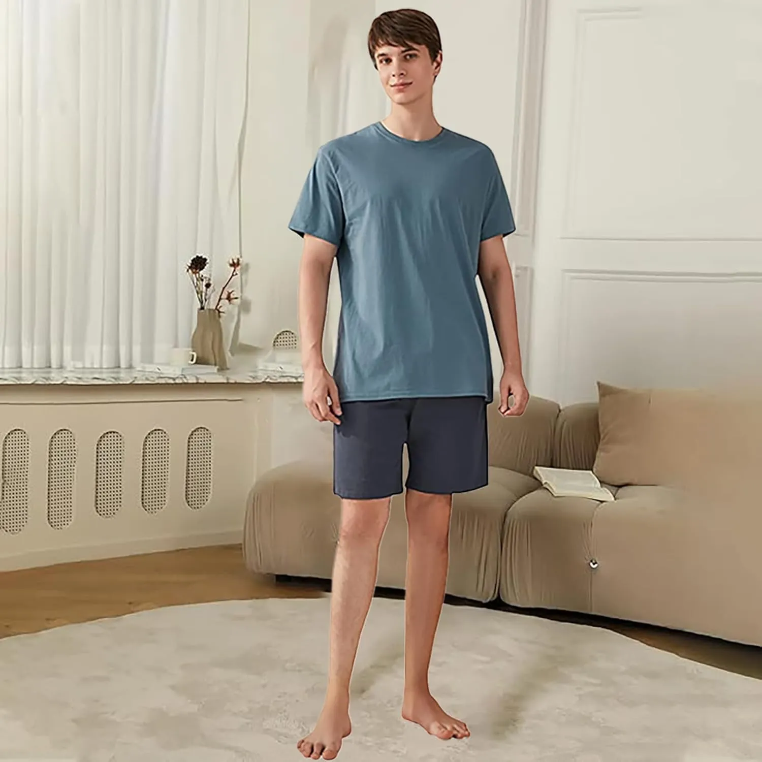 Qianxiu Men's Pajama Set Lounge Sleep Sets Men Classic Short Sleeve Sleepwear and Shorts Pjs Set with Pocket