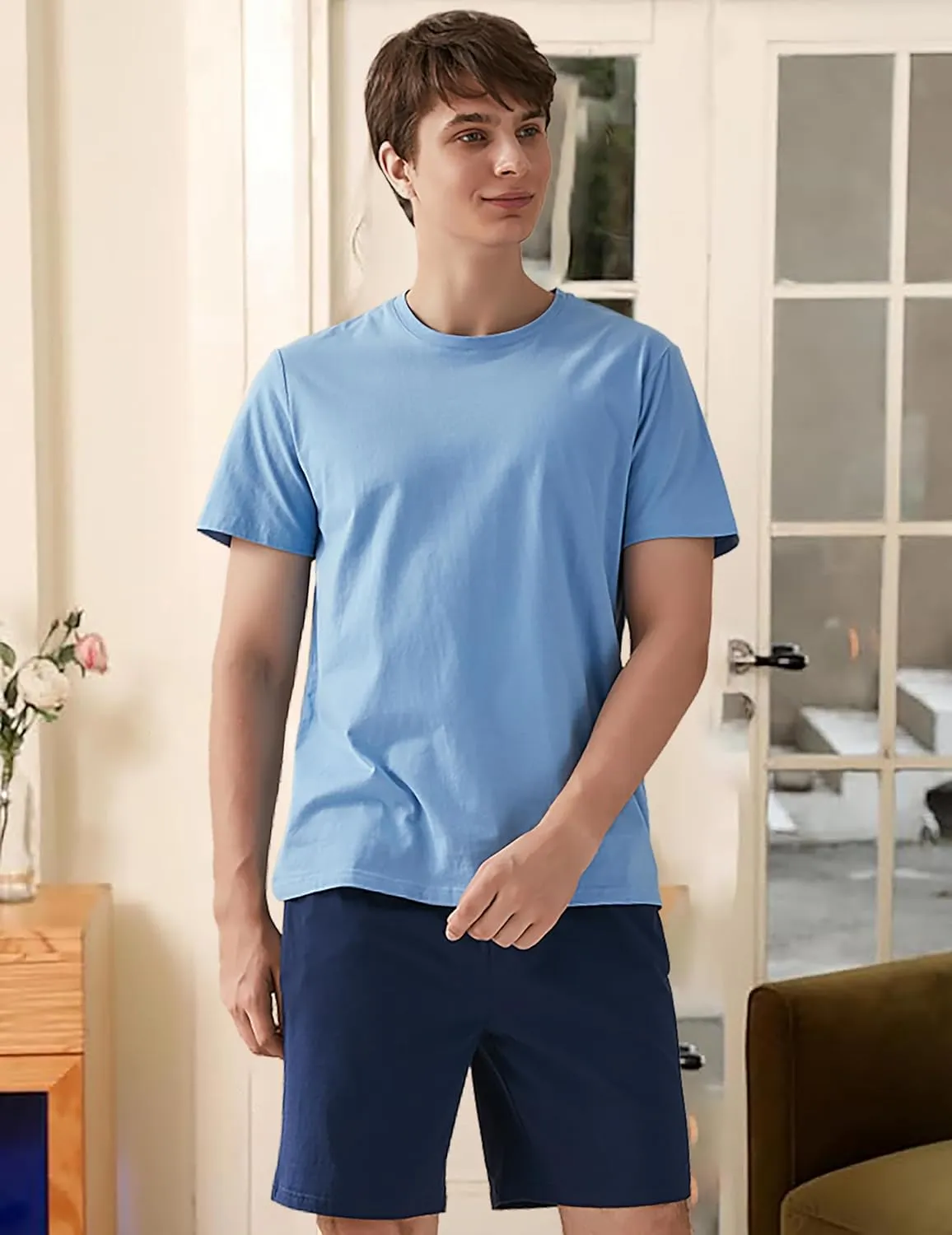 Qianxiu Men's Pajama Set Lounge Sleep Sets Men Classic Short Sleeve Sleepwear and Shorts Pjs Set with Pocket