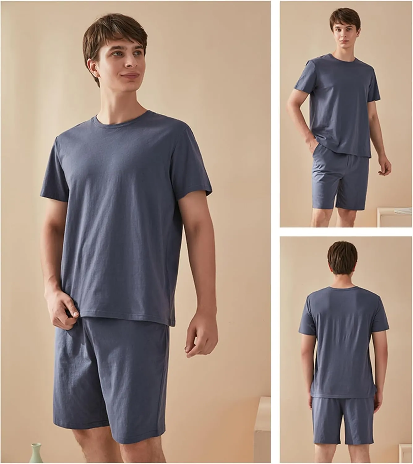 Qianxiu Men's Pajama Set Lounge Sleep Sets Men Classic Short Sleeve Sleepwear and Shorts Pjs Set with Pocket
