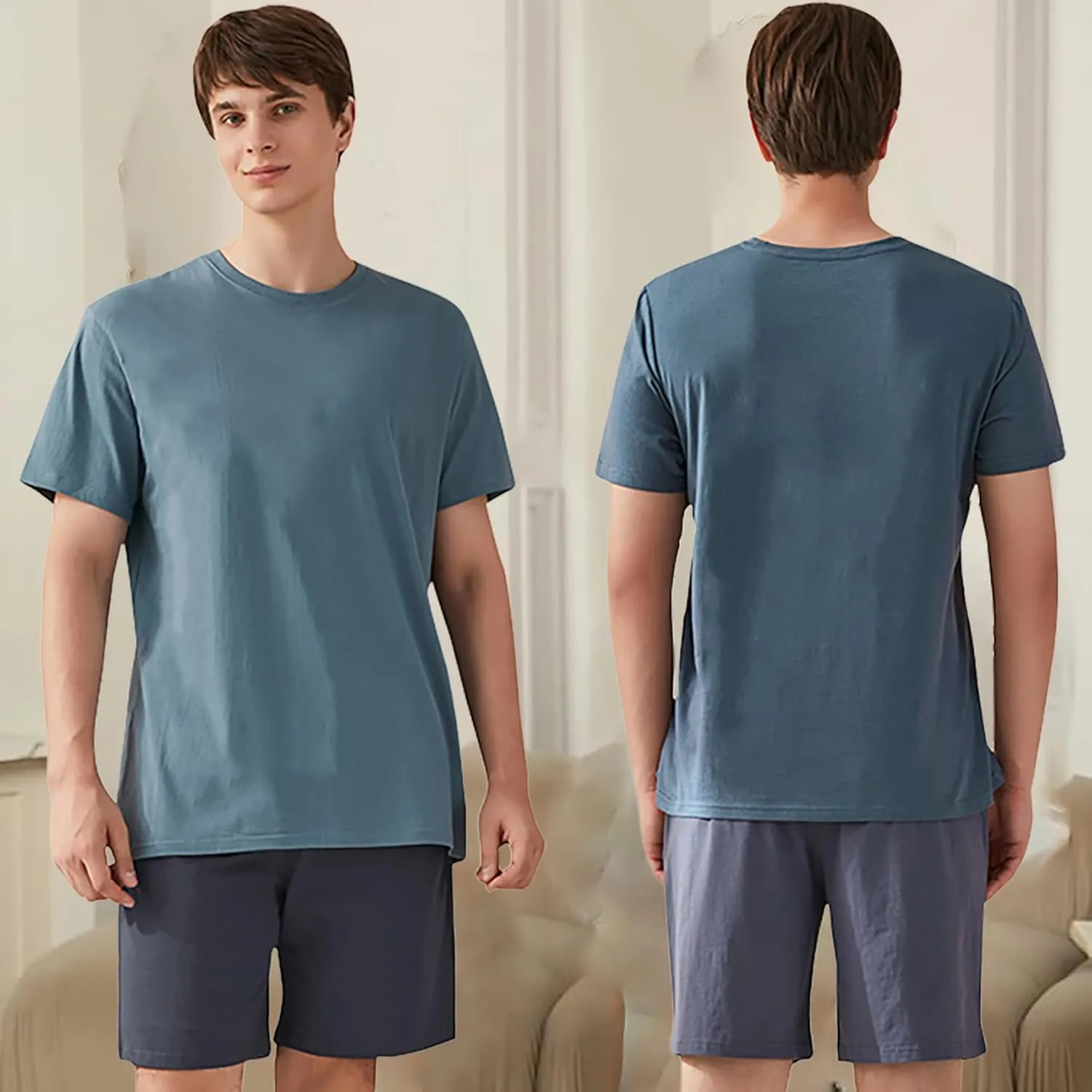 Qianxiu Men's Pajama Set Lounge Sleep Sets Men Classic Short Sleeve Sleepwear and Shorts Pjs Set with Pocket