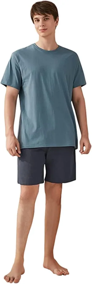 Qianxiu Men's Pajama Set Lounge Sleep Sets Men Classic Short Sleeve Sleepwear and Shorts Pjs Set with Pocket