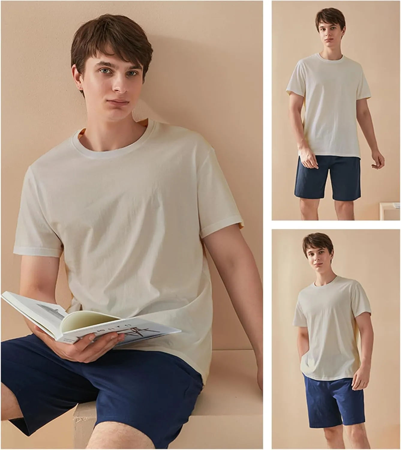 Qianxiu Men's Pajama Set Lounge Sleep Sets Men Classic Short Sleeve Sleepwear and Shorts Pjs Set with Pocket