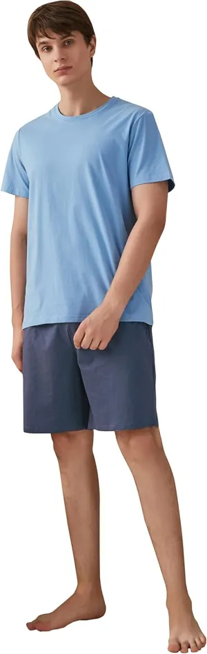 Qianxiu Men's Pajama Set Lounge Sleep Sets Men Classic Short Sleeve Sleepwear and Shorts Pjs Set with Pocket