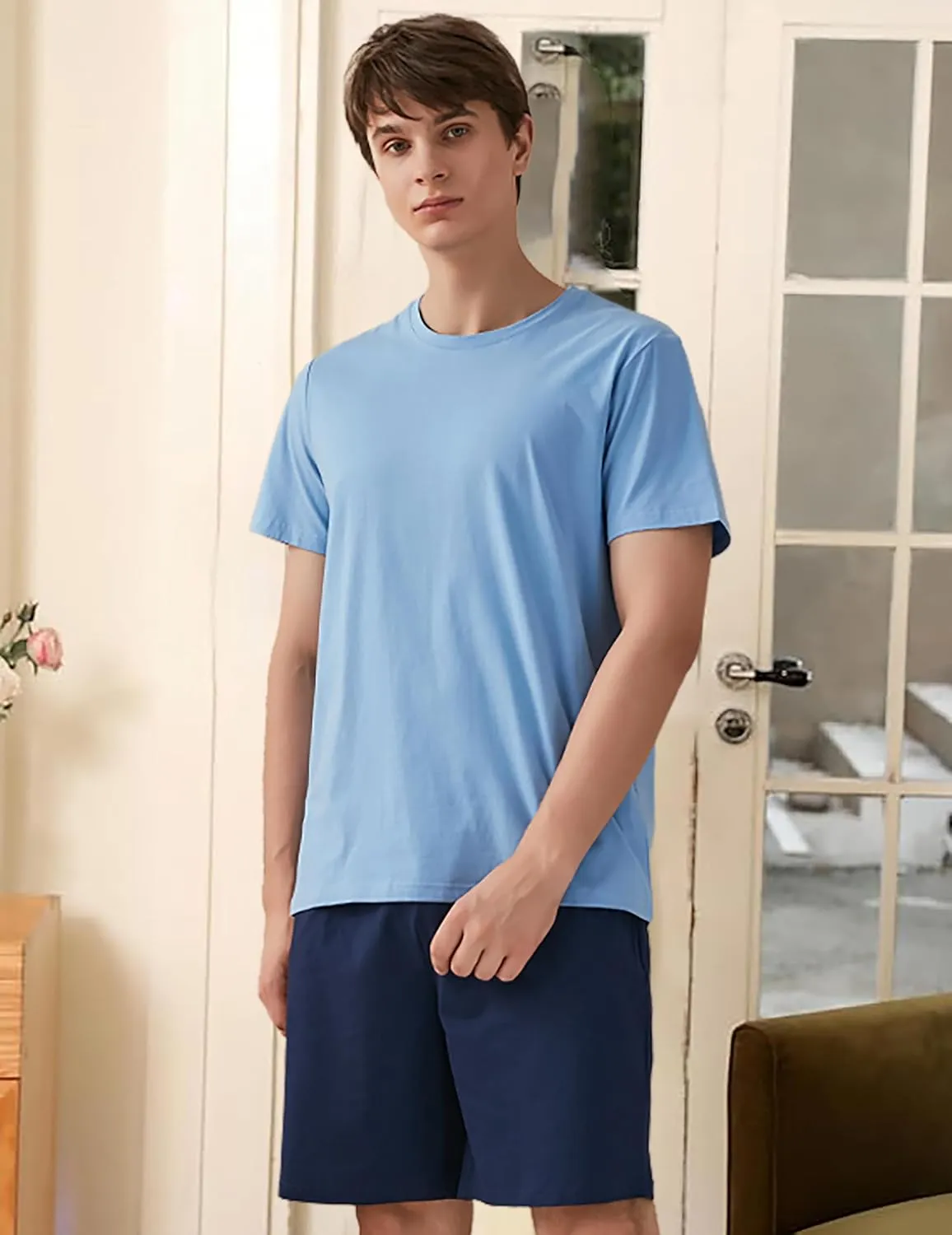 Qianxiu Men's Pajama Set Lounge Sleep Sets Men Classic Short Sleeve Sleepwear and Shorts Pjs Set with Pocket