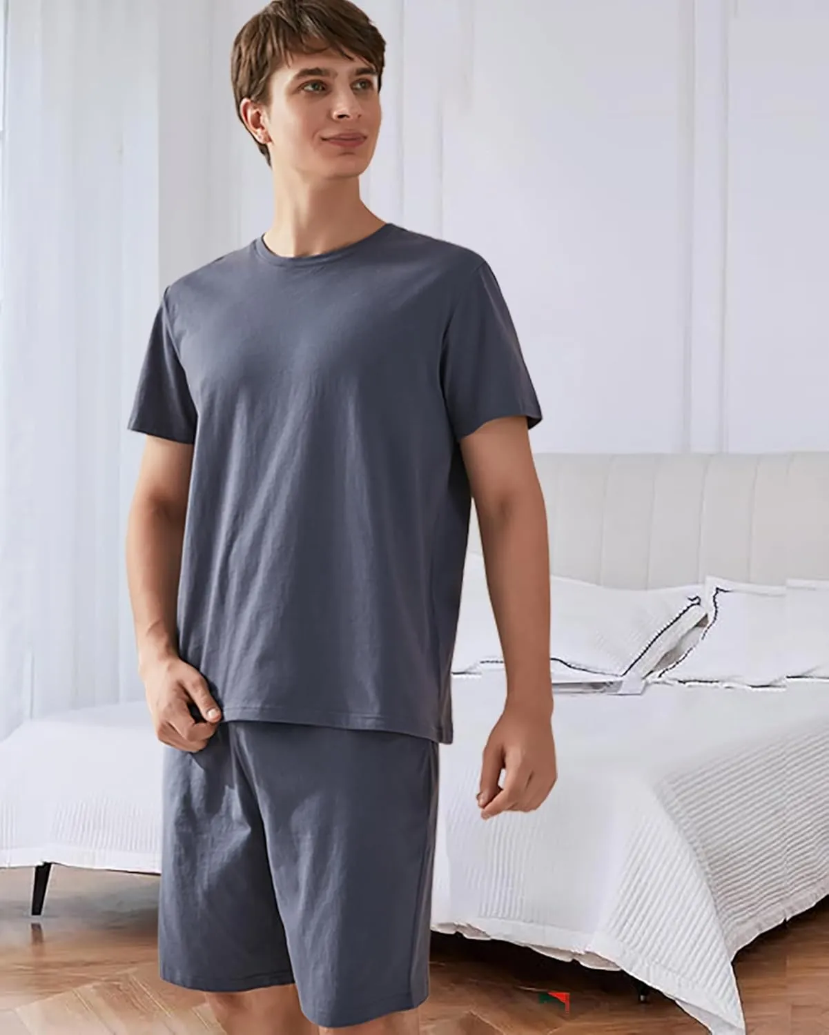 Qianxiu Men's Pajama Set Lounge Sleep Sets Men Classic Short Sleeve Sleepwear and Shorts Pjs Set with Pocket