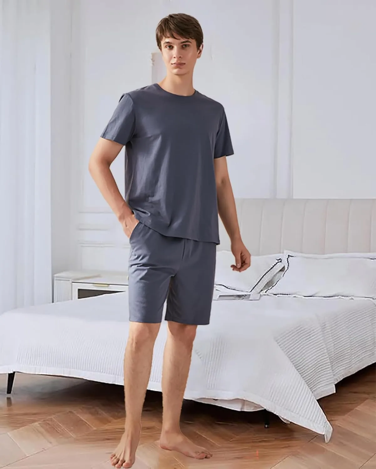 Qianxiu Men's Pajama Set Lounge Sleep Sets Men Classic Short Sleeve Sleepwear and Shorts Pjs Set with Pocket