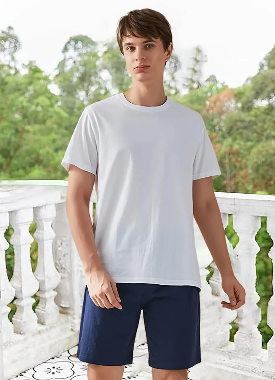Qianxiu Men's Pajama Set Lounge Sleep Sets Men Classic Short Sleeve Sleepwear and Shorts Pjs Set with Pocket