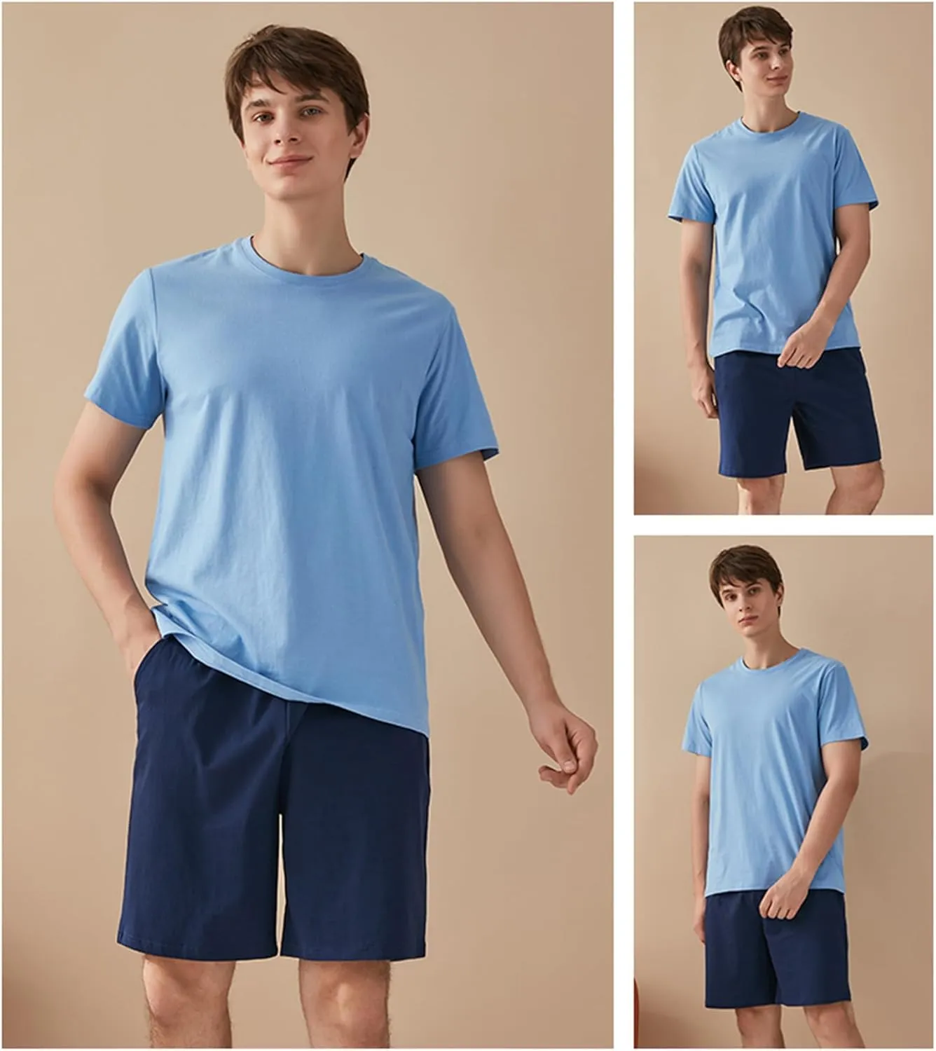 Qianxiu Men's Pajama Set Lounge Sleep Sets Men Classic Short Sleeve Sleepwear and Shorts Pjs Set with Pocket