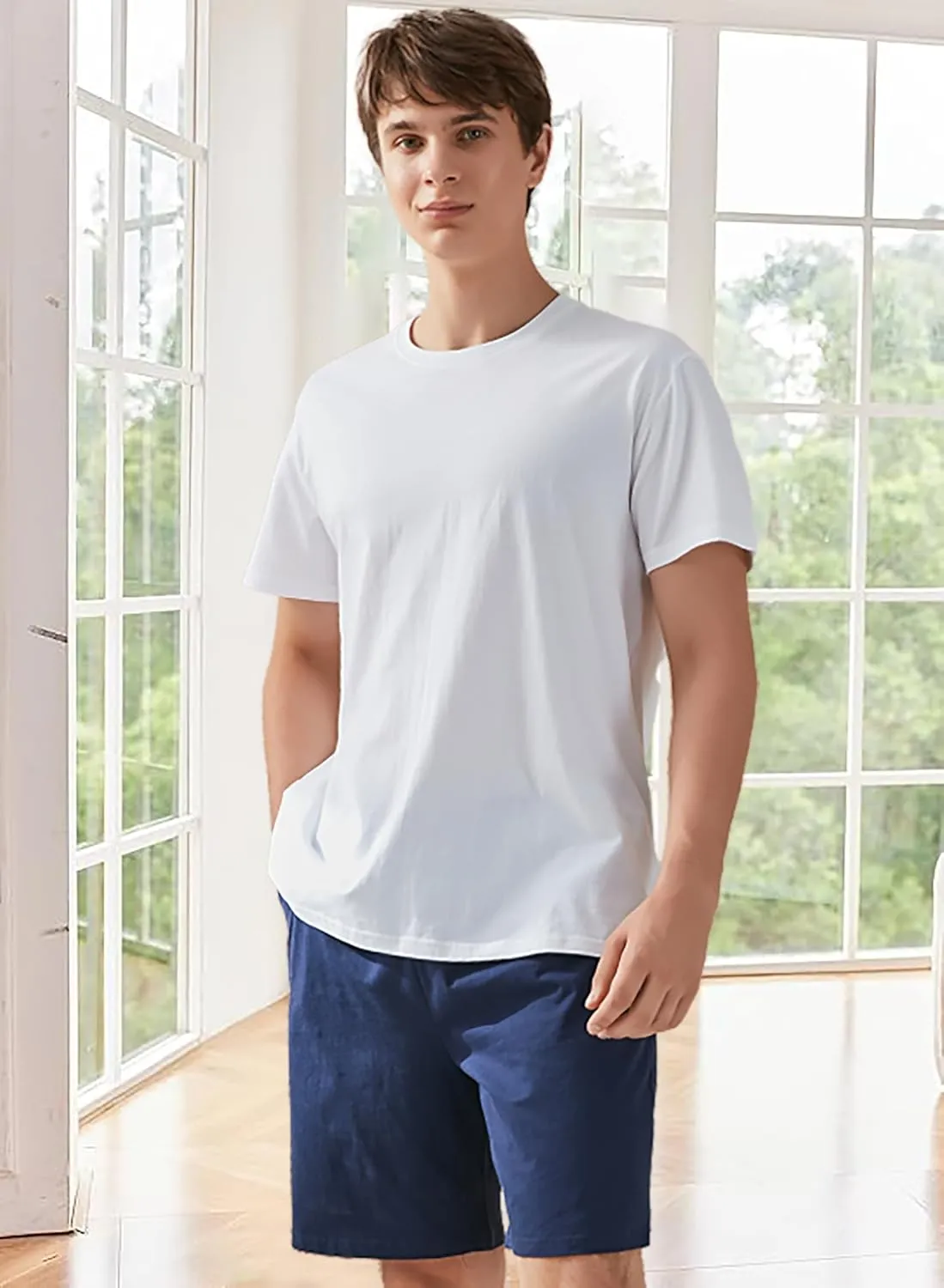 Qianxiu Men's Pajama Set Lounge Sleep Sets Men Classic Short Sleeve Sleepwear and Shorts Pjs Set with Pocket