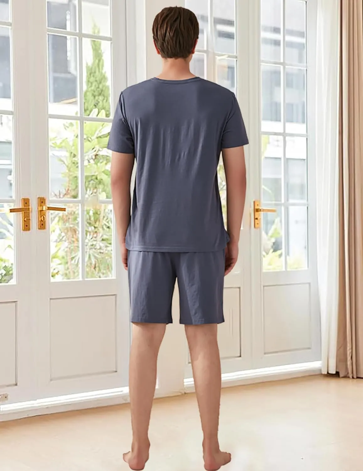 Qianxiu Men's Pajama Set Lounge Sleep Sets Men Classic Short Sleeve Sleepwear and Shorts Pjs Set with Pocket