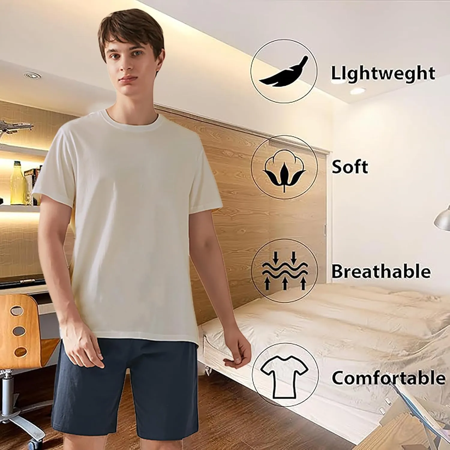 Qianxiu Men's Pajama Set Lounge Sleep Sets Men Classic Short Sleeve Sleepwear and Shorts Pjs Set with Pocket