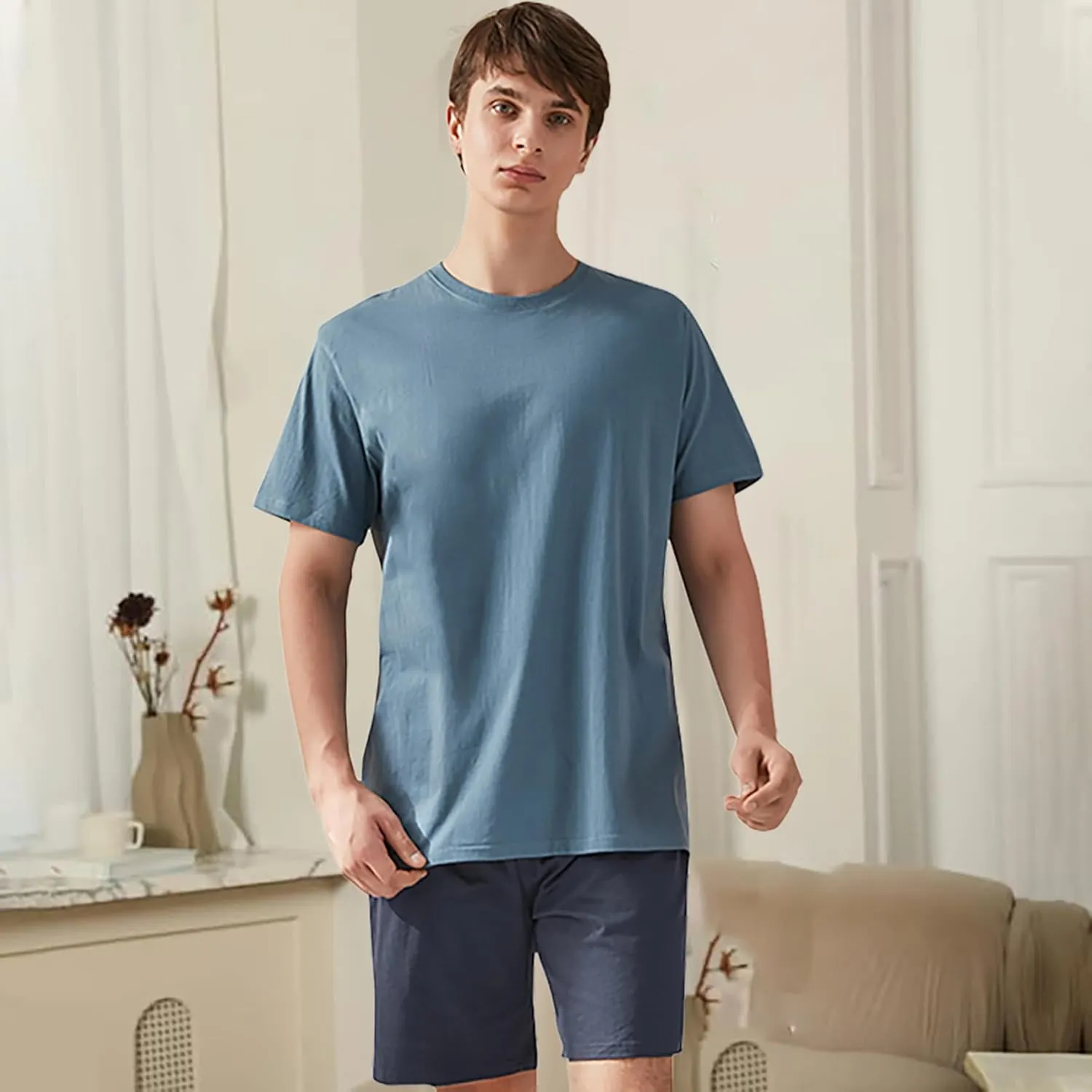 Qianxiu Men's Pajama Set Lounge Sleep Sets Men Classic Short Sleeve Sleepwear and Shorts Pjs Set with Pocket