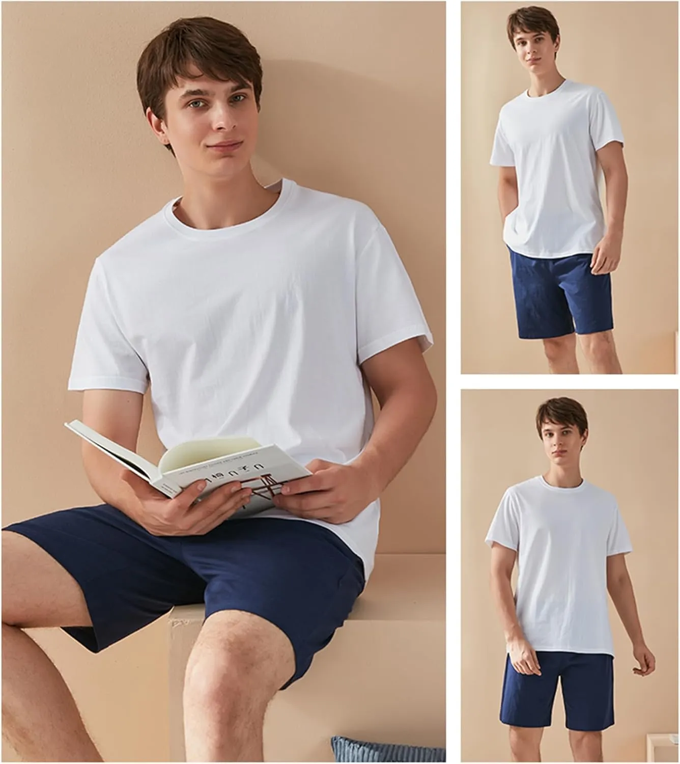 Qianxiu Men's Pajama Set Lounge Sleep Sets Men Classic Short Sleeve Sleepwear and Shorts Pjs Set with Pocket