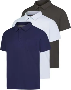 Real Essentials 3 Pack: Men's Short Sleeve Pocket Polo Shirt Dry-Fit Performance Tactical Golf (Available in Big & Tall)