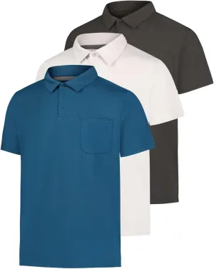 Real Essentials 3 Pack: Men's Short Sleeve Pocket Polo Shirt Dry-Fit Performance Tactical Golf (Available in Big & Tall)