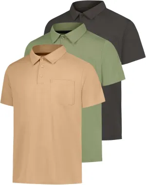Real Essentials 3 Pack: Men's Short Sleeve Pocket Polo Shirt Dry-Fit Performance Tactical Golf (Available in Big & Tall)