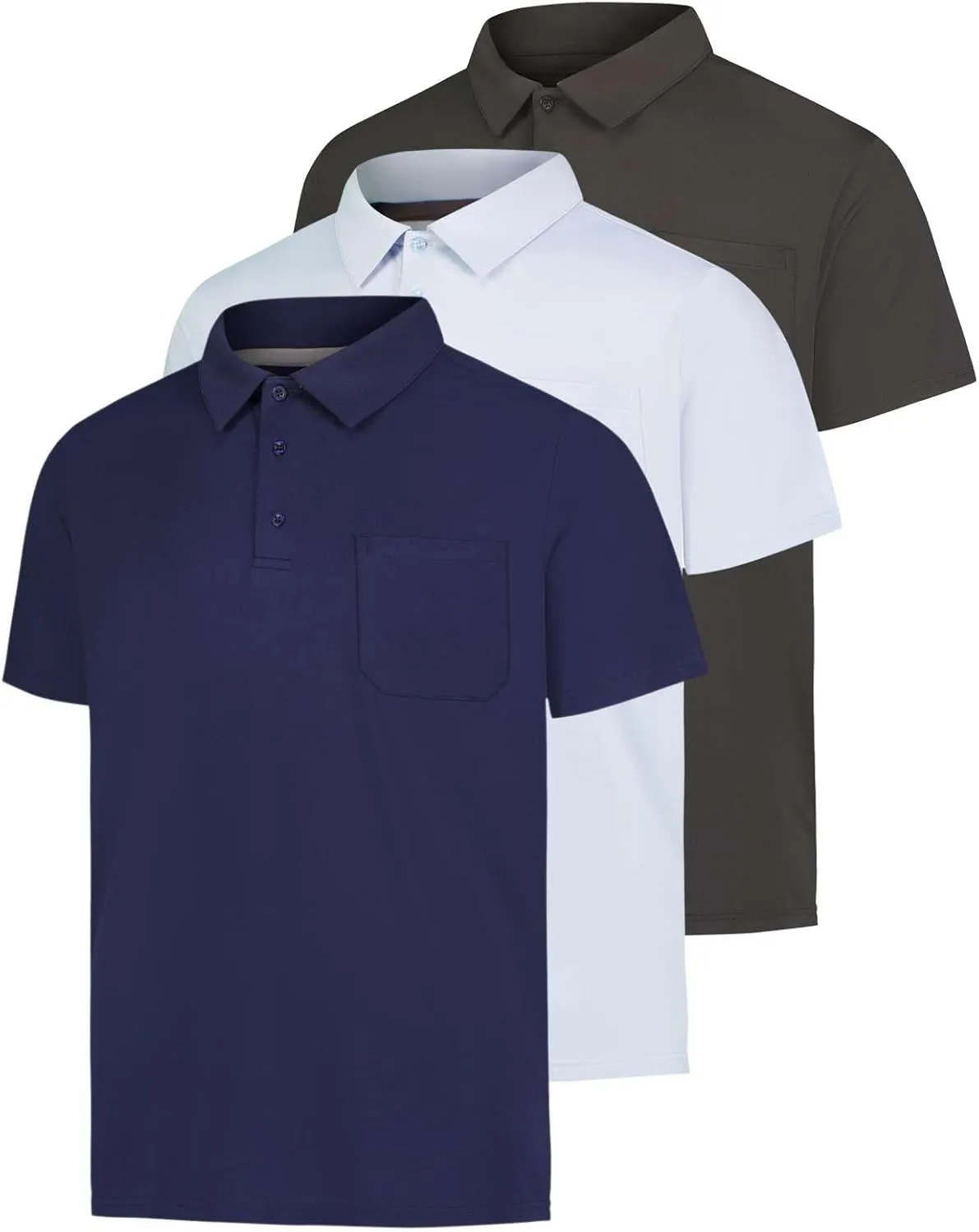 Real Essentials 3 Pack: Men's Short Sleeve Pocket Polo Shirt Dry-Fit Performance Tactical Golf (Available in Big & Tall)