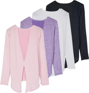Real Essentials 4 Pack: Women's Dry-Fit Long-Sleeve Tie Back Athletic Workout T-Shirt (Available in Plus Size)