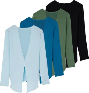 Real Essentials 4 Pack: Women's Dry-Fit Long-Sleeve Tie Back Athletic Workout T-Shirt (Available in Plus Size)