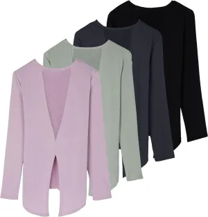 Real Essentials 4 Pack: Women's Dry-Fit Long-Sleeve Tie Back Athletic Workout T-Shirt (Available in Plus Size)