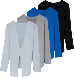 Real Essentials 4 Pack: Women's Dry-Fit Long-Sleeve Tie Back Athletic Workout T-Shirt (Available in Plus Size)
