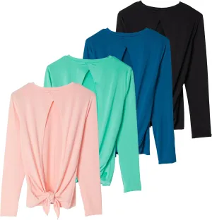 Real Essentials 4 Pack: Women's Dry-Fit Long-Sleeve Tie Back Open Back Athletic Workout T-Shirt (Available in Plus Size)