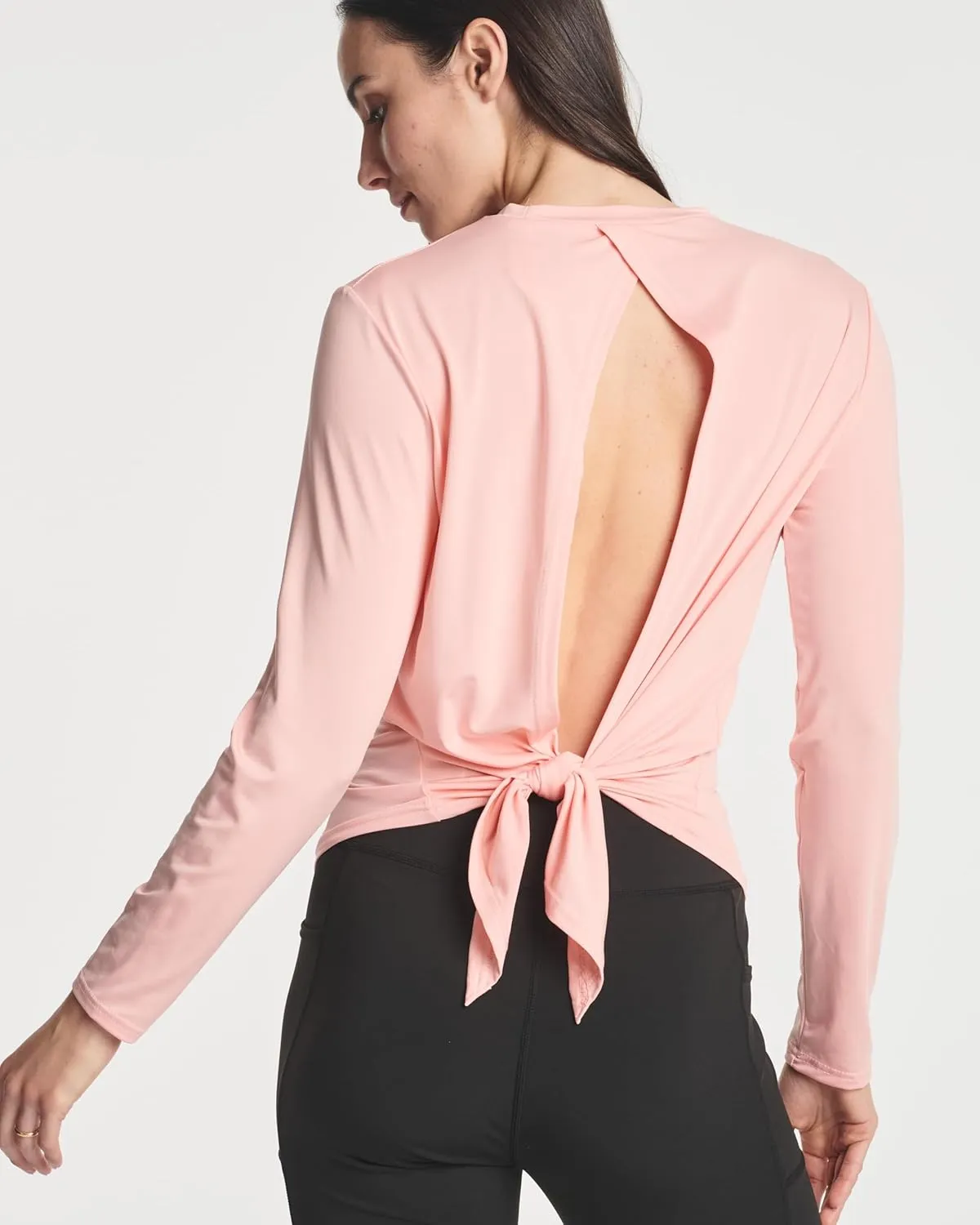 Real Essentials 4 Pack: Women's Dry-Fit Long-Sleeve Tie Back Open Back Athletic Workout T-Shirt (Available in Plus Size)