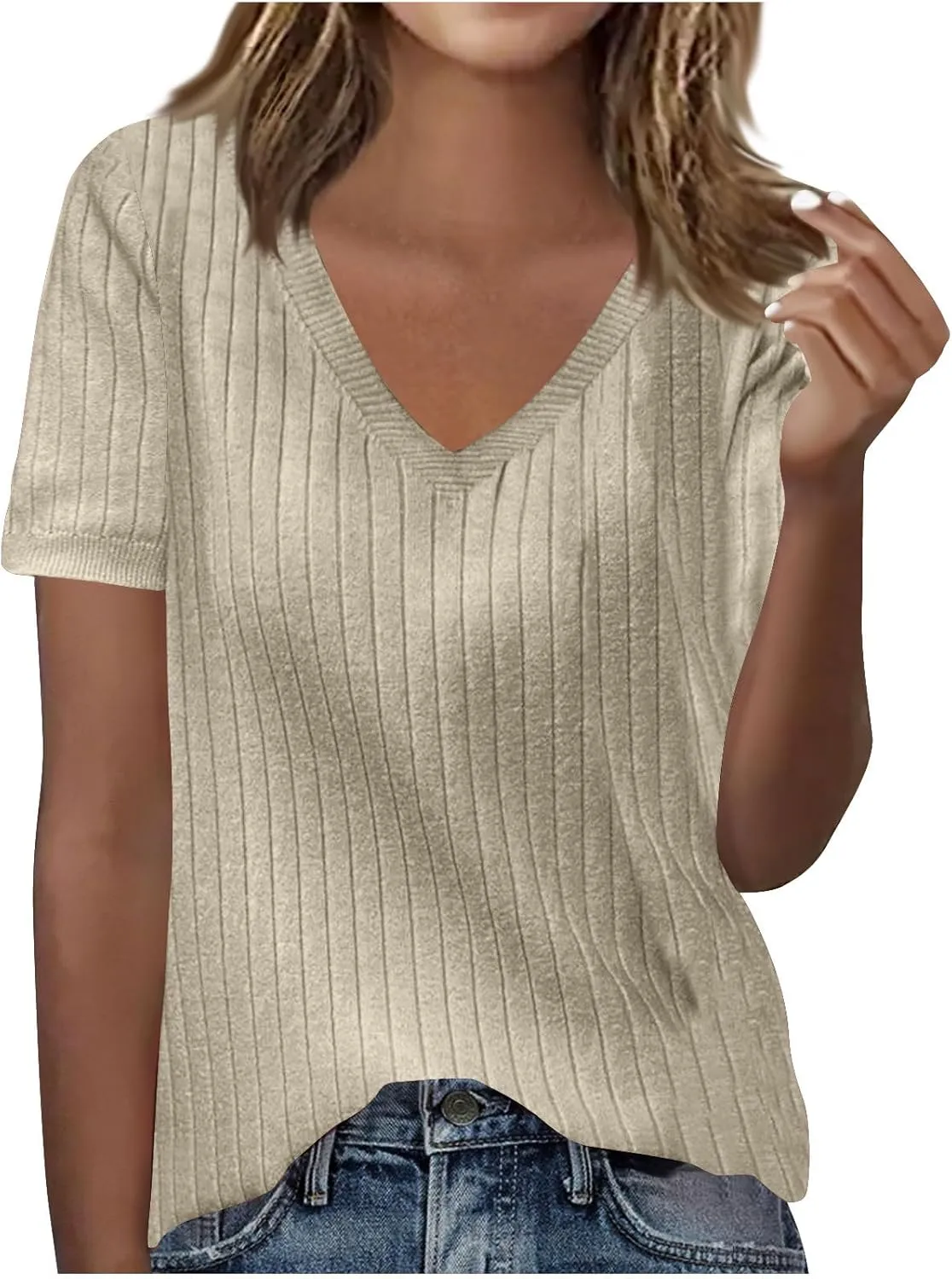 Ribbed Knit Tops for Women Trendy Summer Casual Basic Sweater Solid Color V Neck T Shirts Loose Fit Blouse Tee