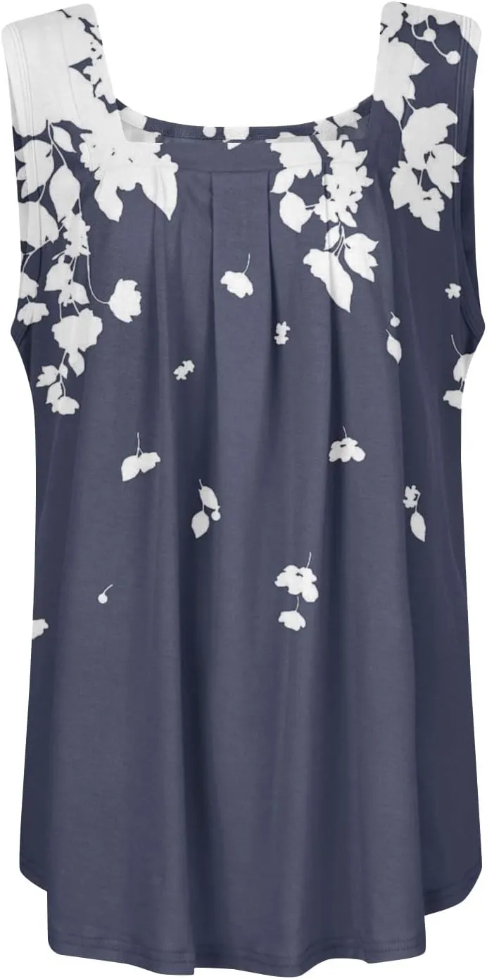 Summer Tank Tops for Women Loose Fit Pleated Square Neck Sleeveless Tops Plus Size Curved Hem Flowy Tops 2025