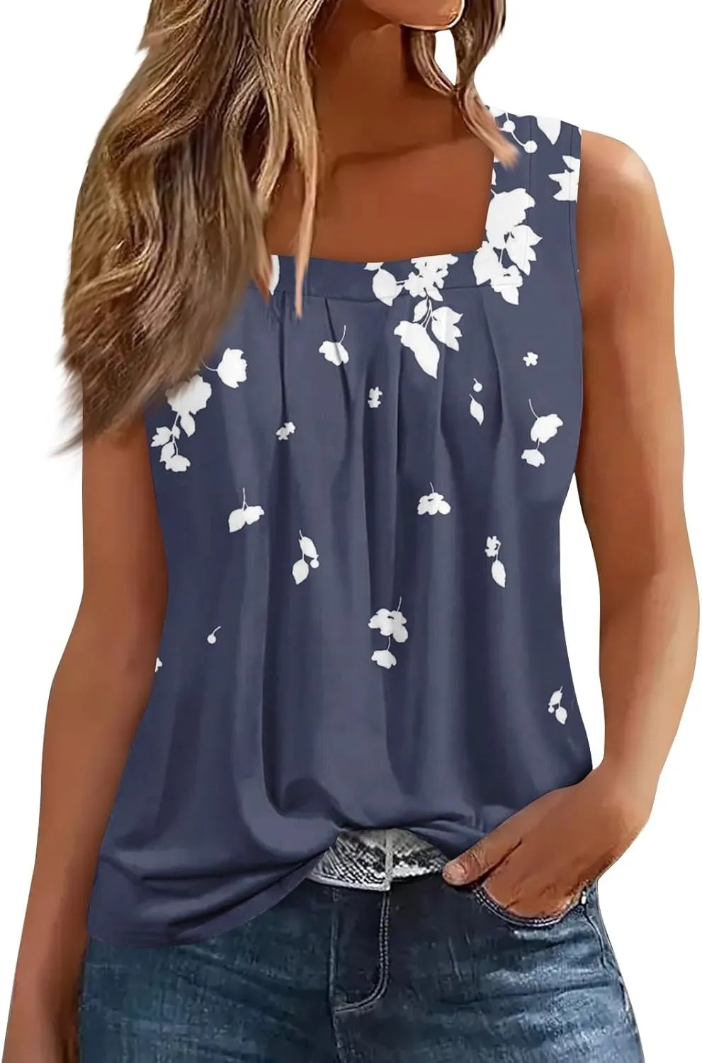 Summer Tank Tops for Women Loose Fit Pleated Square Neck Sleeveless Tops Plus Size Curved Hem Flowy Tops 2025