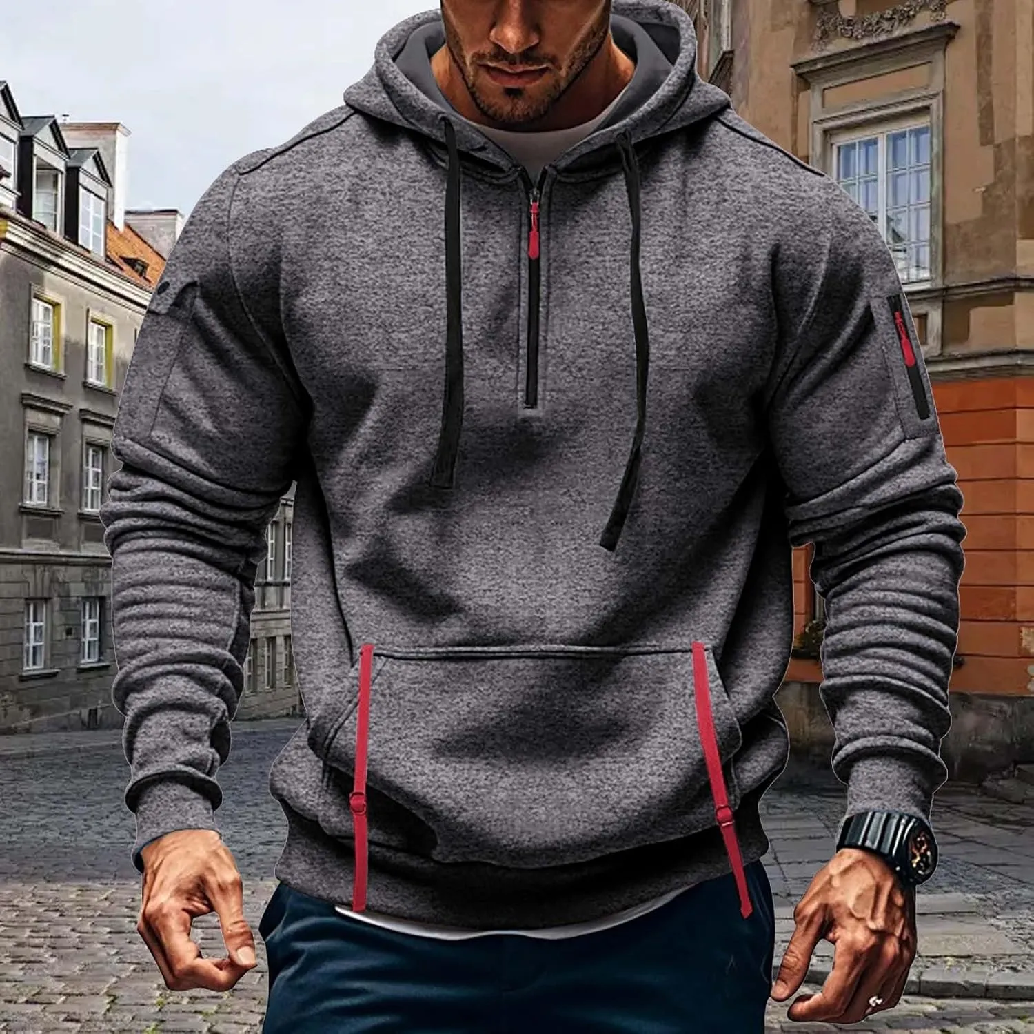 Tactical Hoodies Men Quarter Zip Pullover Vintage Workout Hoodies with Zipper Pockets Trendy Military Sweatshirt